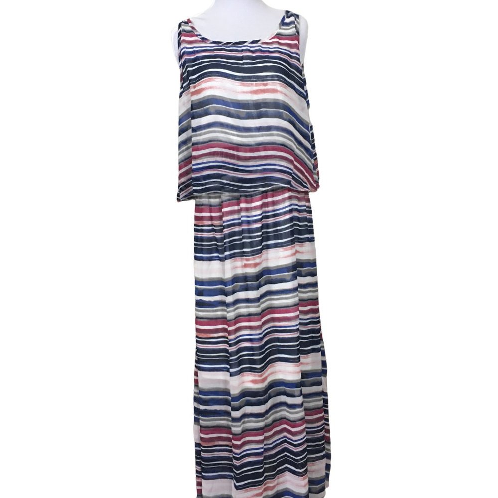 Robert Louis Maxi Dress Tiered Stripes Sleeveless Flowy Chiffon Size Large